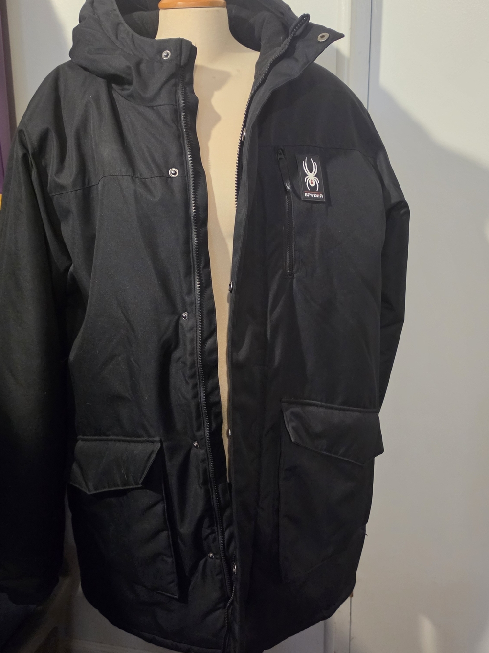 Spyder Black Hooded Puffer Jacket with Logo Patch